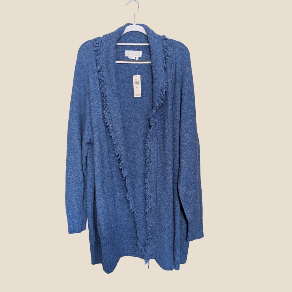 NWT Anthropologie Blue Fringe Open Front Cardigan Sweater Wool Blend Small